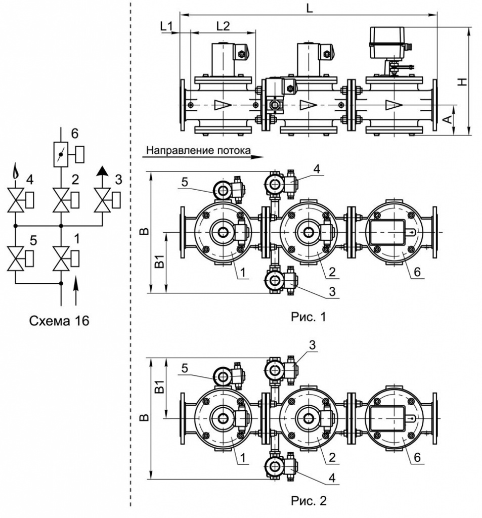 Блоки клапанов стальные DN 65-200 с заслонкой, с16, схема