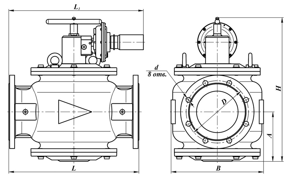 Клапаны фланцевые DN125-200, стальные, схема